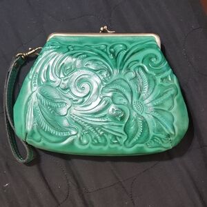 Green Embossed Leather Clutch